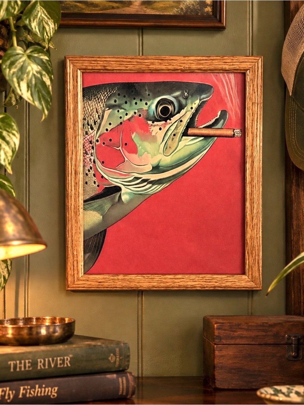 Trout Fish Smoking a Cigarette Vintage Style Canvas Wall Art Print Wood Framed